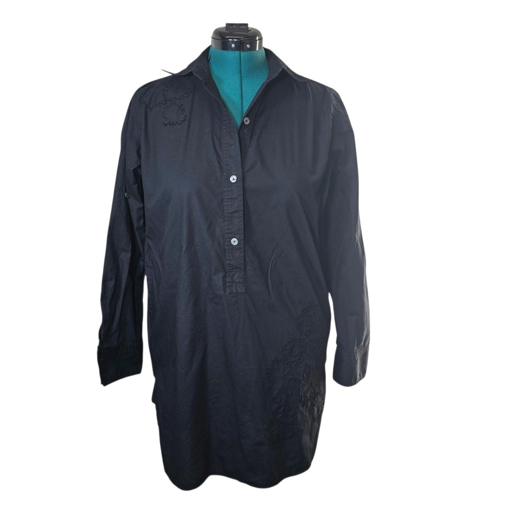 DKNYC Tunic Shirt XL Black Cotton Popover Roll Tab Embroidered Chic‎ Classic